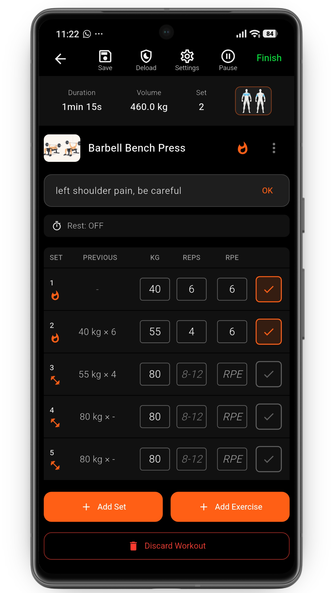 Active workout logging screen